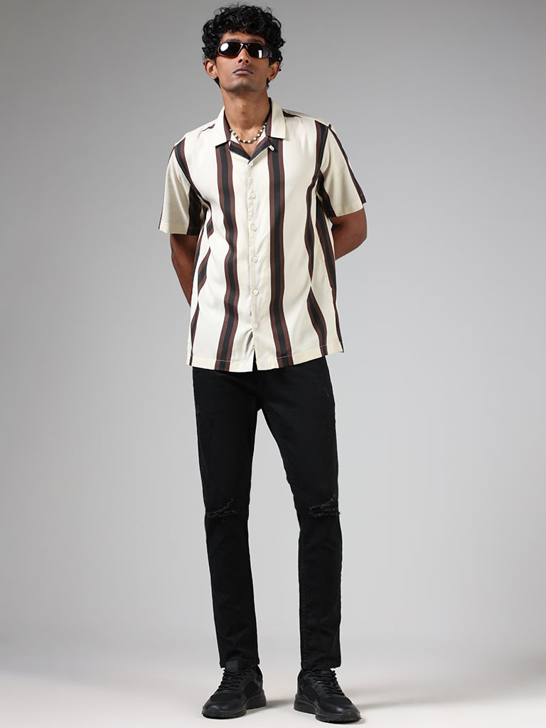 Nuon Off White & Brown Striped Relaxed Fit Shirt