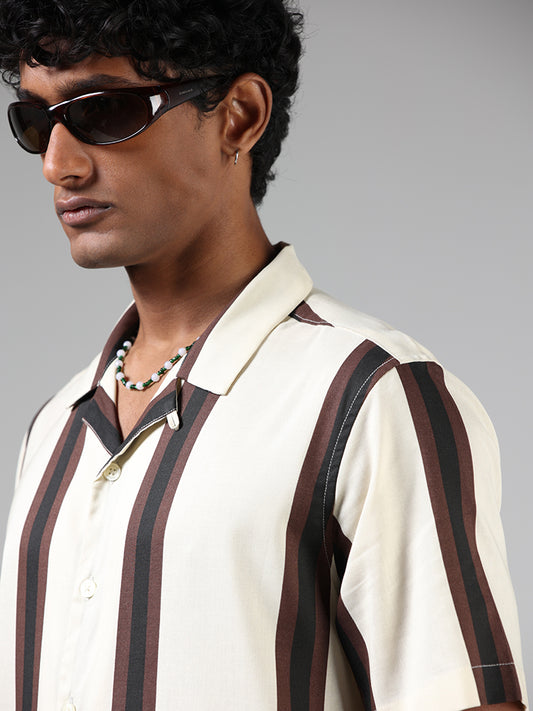 Nuon Off White & Brown Striped Relaxed-Fit Shirt