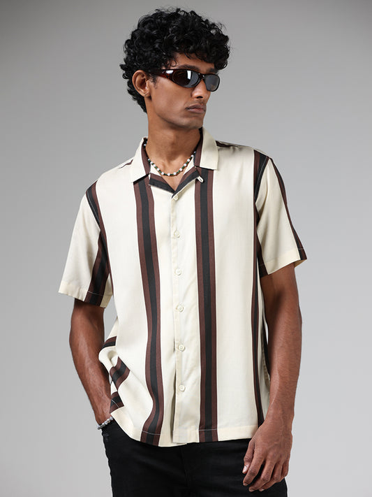 Nuon Off White & Brown Striped Relaxed-Fit Shirt