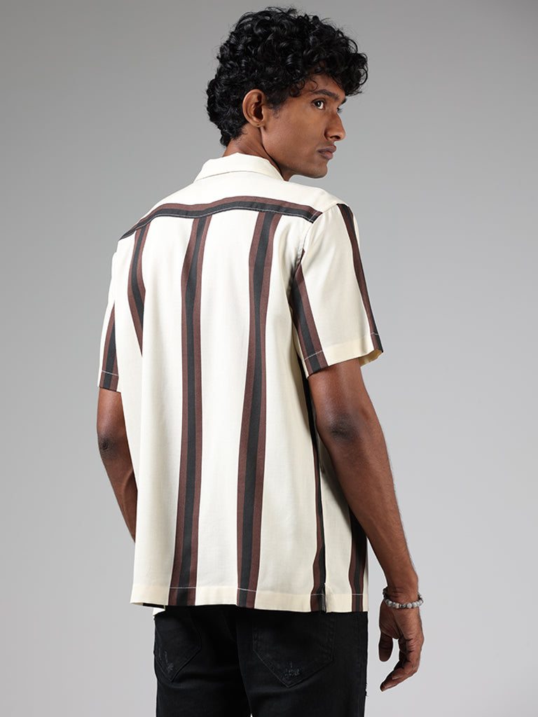 Nuon Off White & Brown Striped Relaxed Fit Shirt