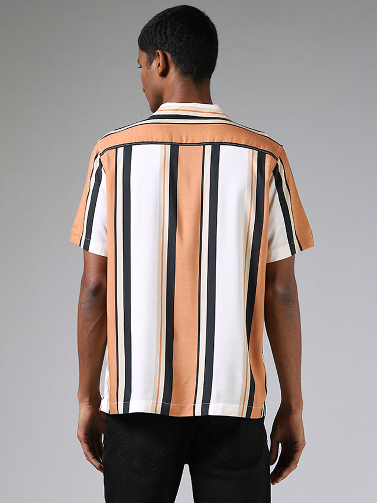 Nuon Block Striped Brown and White Casual Shirt
