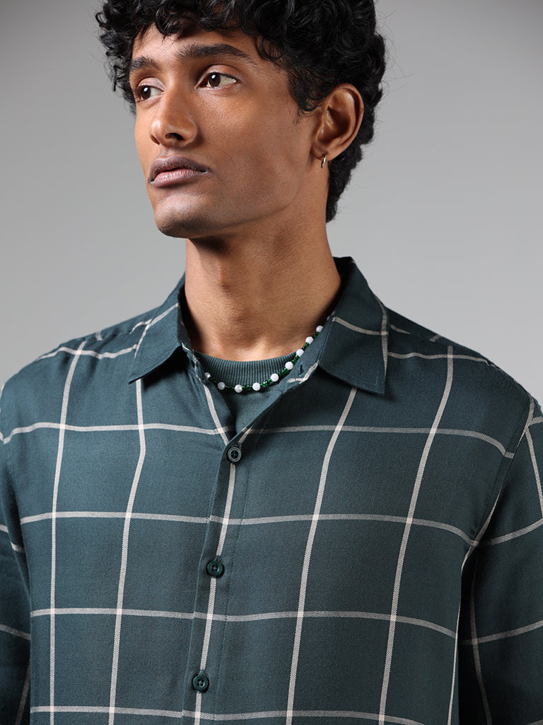 Nuon Emerald Green Windowpane Checked Relaxed Fit Shirt