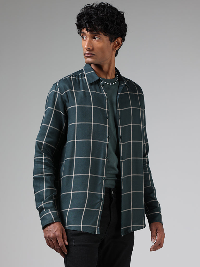 Nuon Emerald Green Windowpane Checked Relaxed Fit Shirt