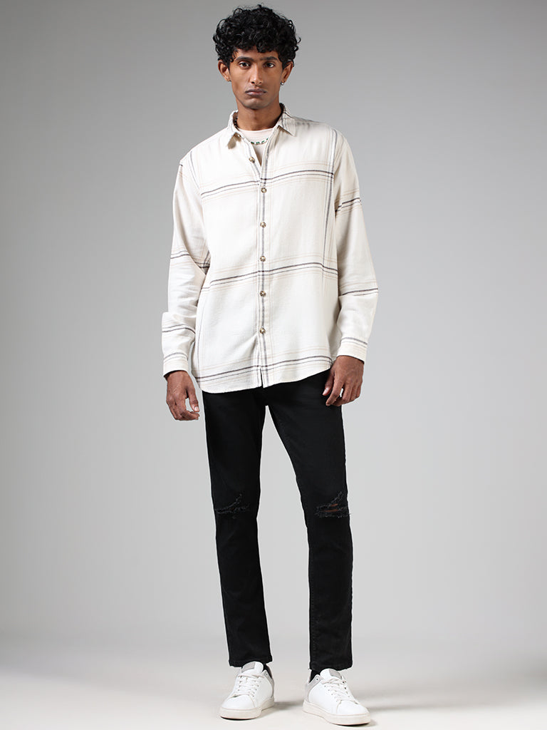 Nuon Off White Tartan Checked Relaxed Fit Shirt