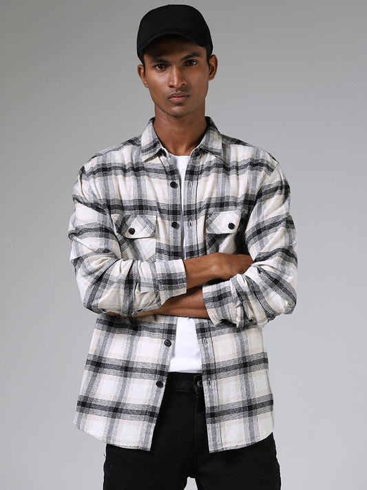 Nuon Beige & Black Checked Cotton Slim-Fit Shirt