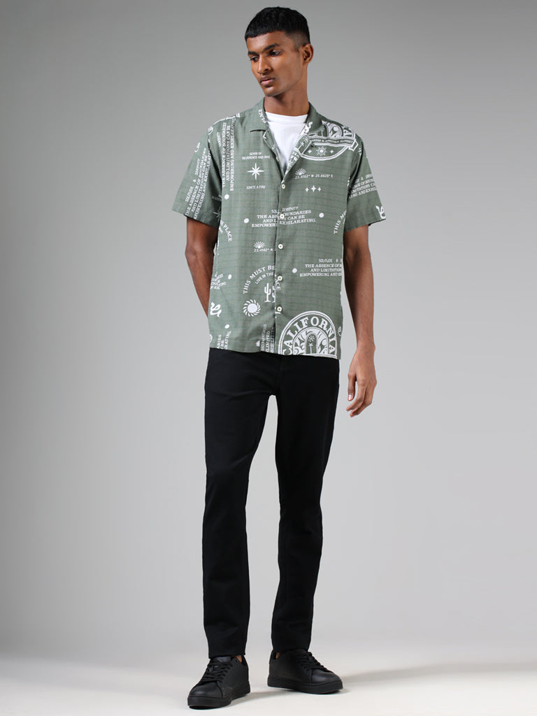 Nuon Sage Green Printed Relaxed Fit Shirt