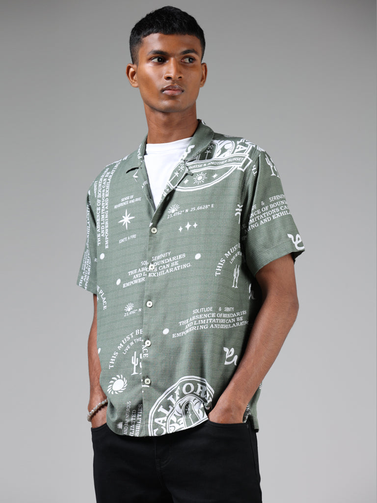 Nuon Sage Green Printed Relaxed Fit Shirt