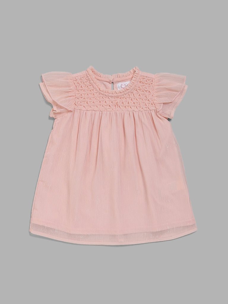 HOP Baby Peach Self-Patterned Pleated Dress