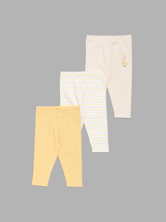 HOP Baby Yellow Plain & Printed Assorted Pants - Pack of 3