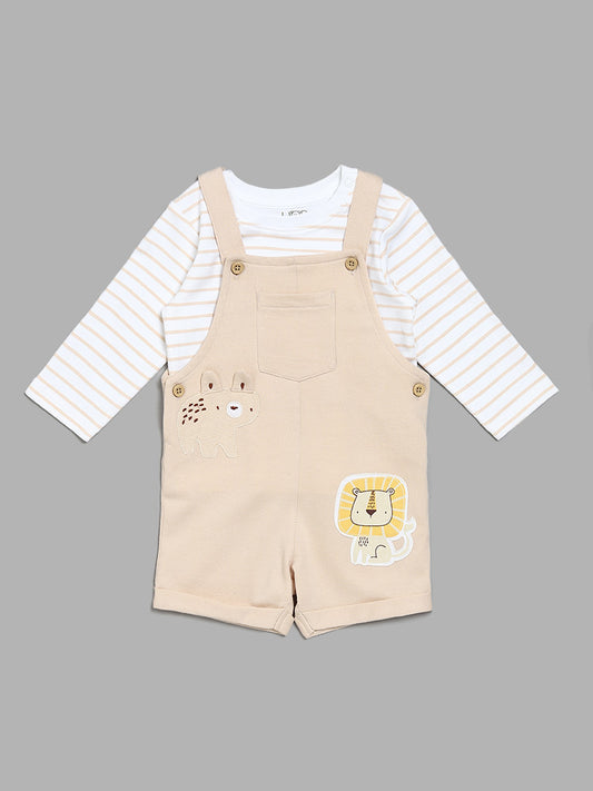 HOP Baby Stripe T-Shirt & Animal Print Light Beige Dungaree Set