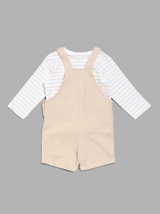 HOP Baby Stripe T-Shirt & Animal Print Light Beige Dungaree Set