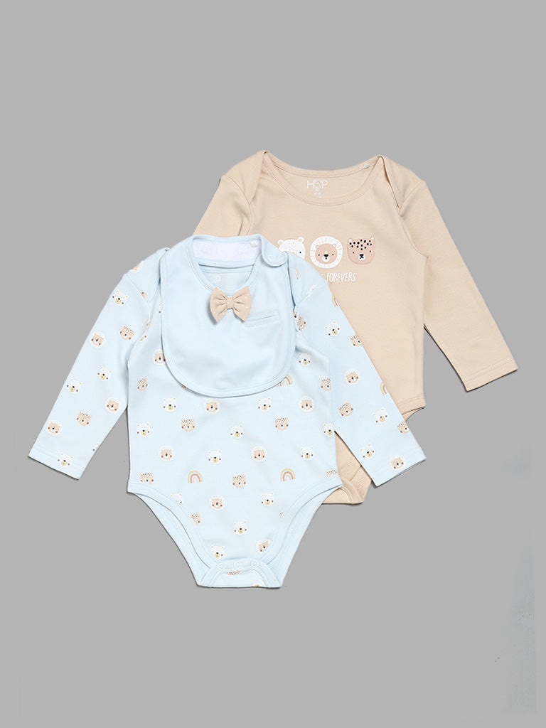 HOP Baby Bear Print Multicolor Romper with Bib - Pack of 2