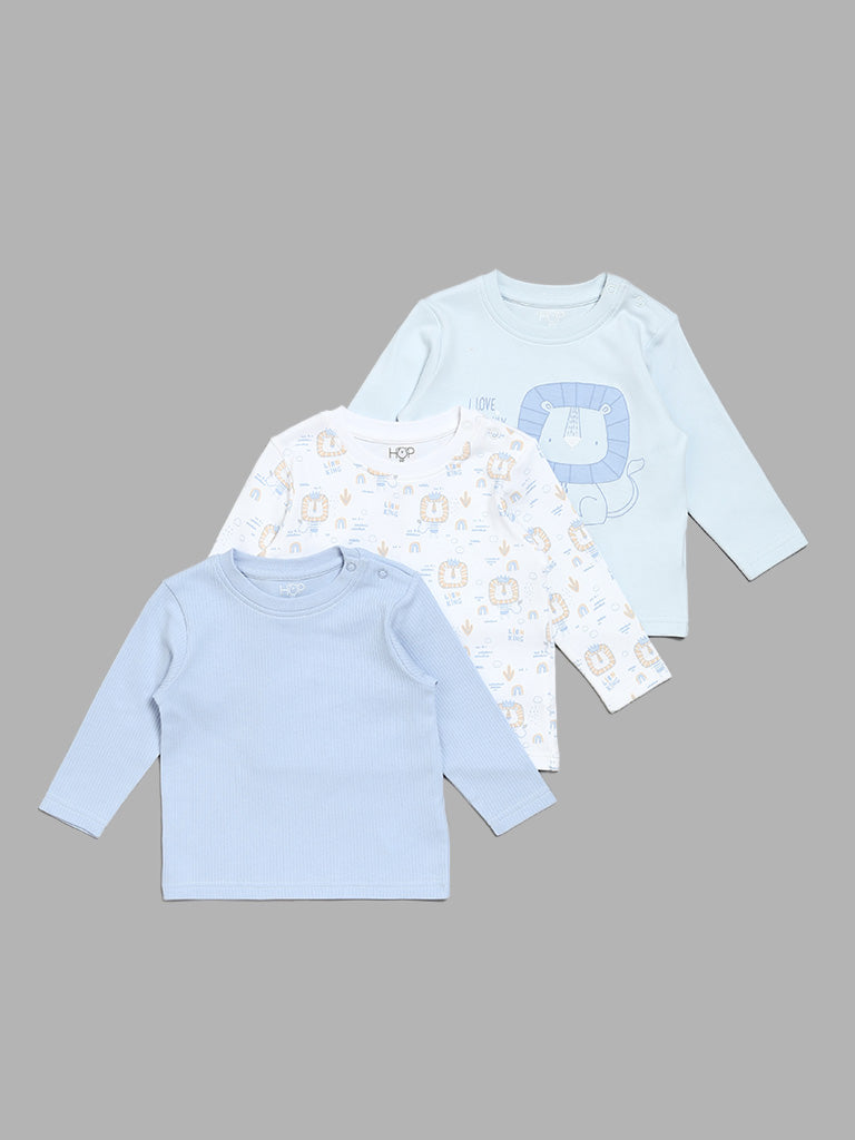 HOP Baby Lion Printed Blue Assorted T-Shirt - Pack of 3