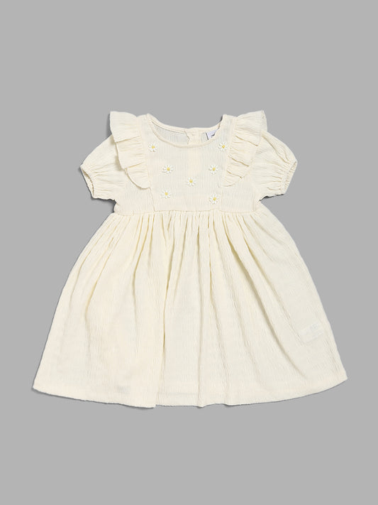 HOP Kids Light Yellow Floral Embroidered Gathered Dress
