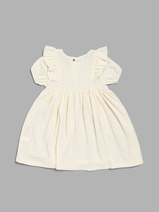 HOP Kids Light Yellow Floral Embroidered Gathered Dress