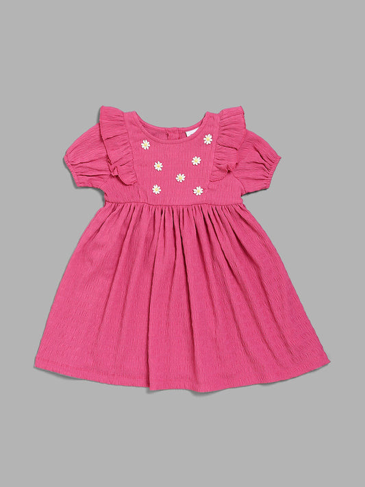 HOP Kids Pink Floral Embroidered Gathered Dress