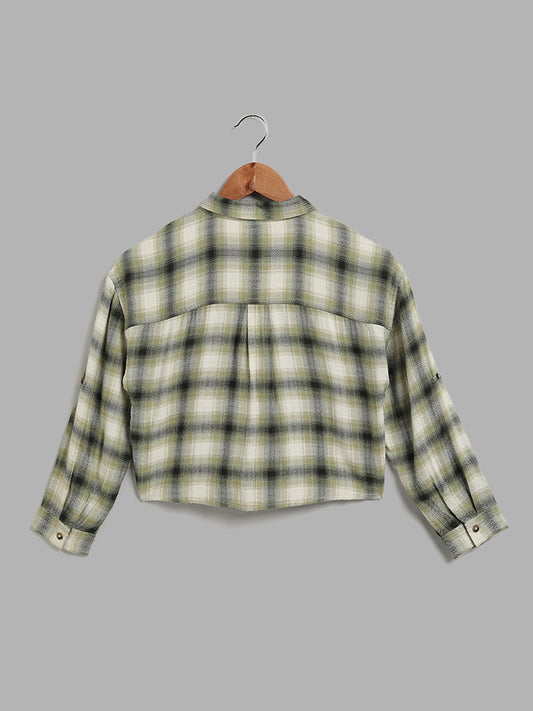 Y&F Kids Checked Olive Green Crop Shirt