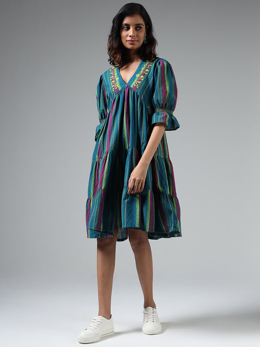 Bombay Paisley Teal Floral Embroidered Tiered Dress