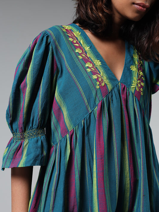 Bombay Paisley Teal Floral Embroidered Tiered Dress