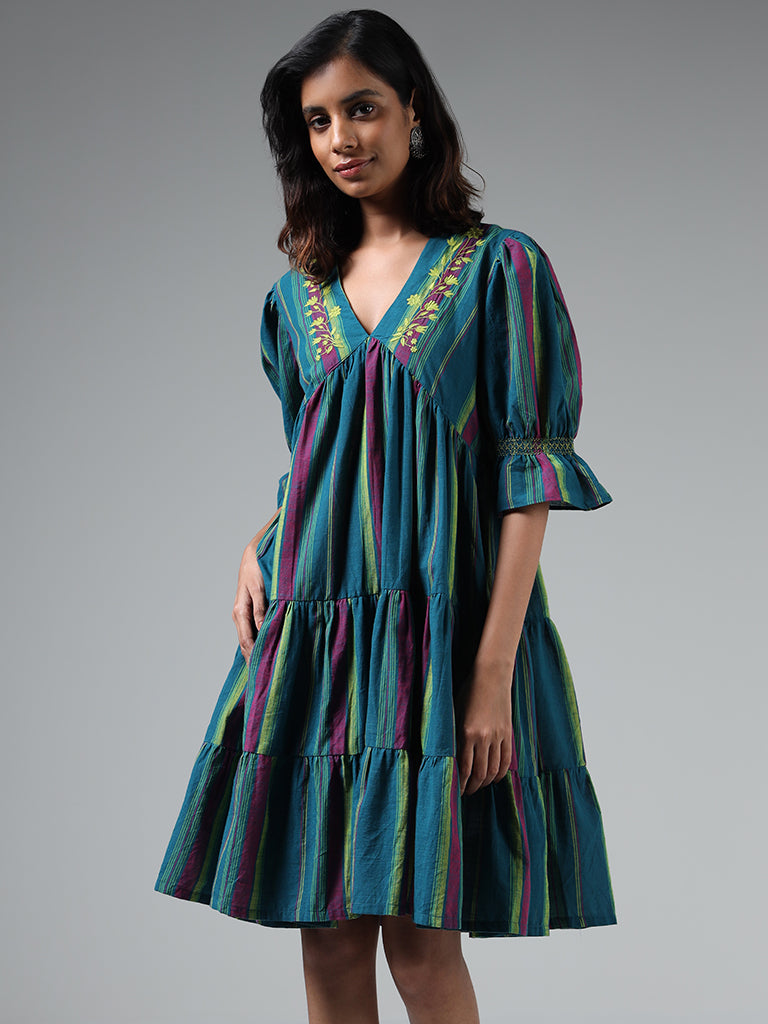 Bombay Paisley Teal Floral Embroidered Tiered Dress