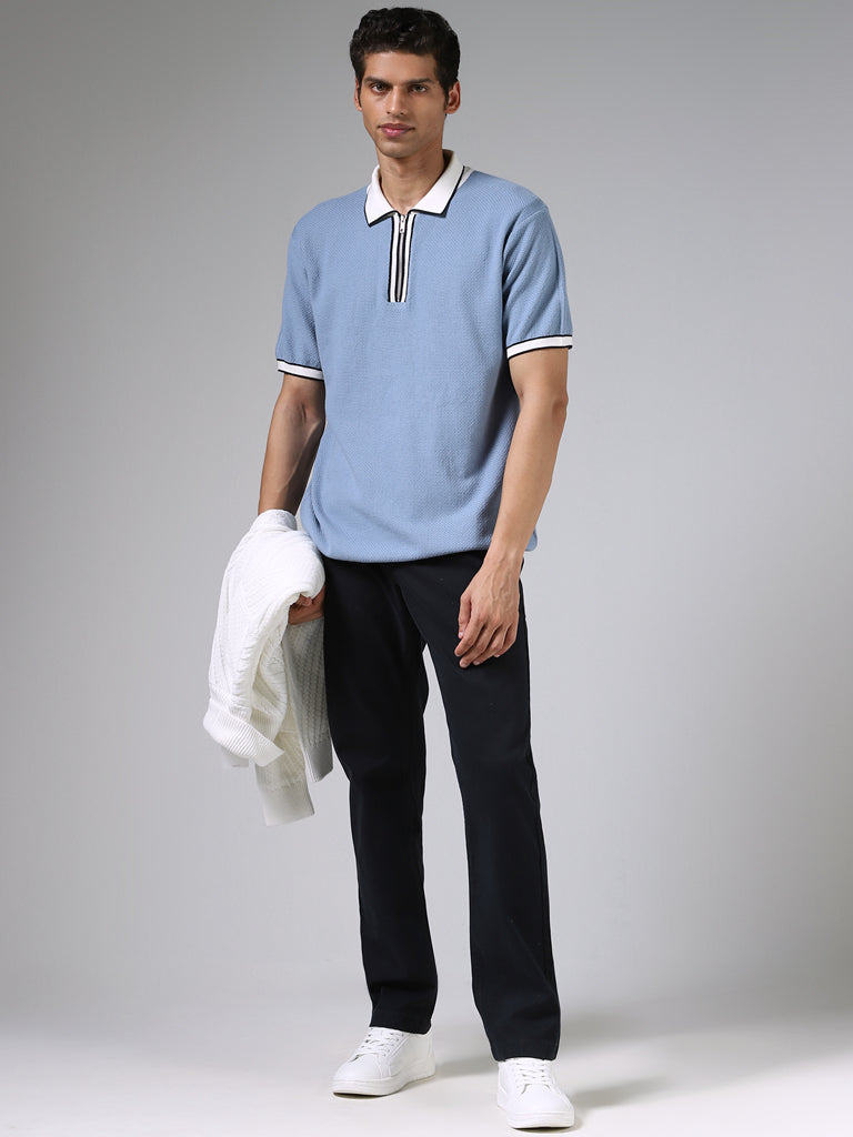 Ascot Cornflower Blue Textured Relaxed Fit Polo T-Shirt