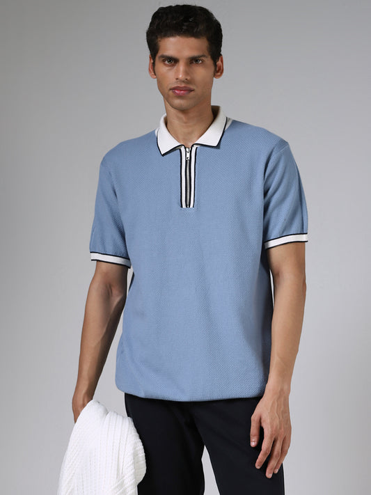 Ascot Cornflower Blue Textured Relaxed Fit Polo T-Shirt
