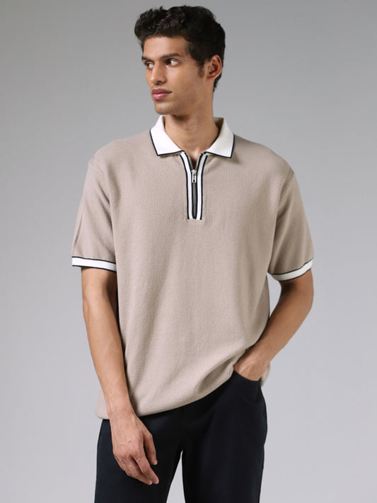 Ascot Beige Textured Relaxed Fit Polo T-Shirt