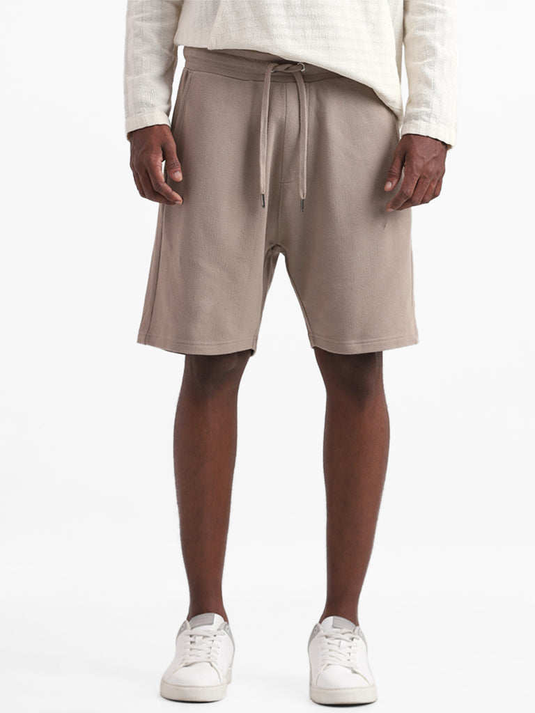 ETA Brown Solid Cotton Slim Fit Shorts