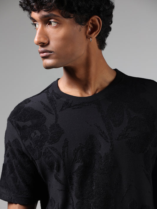 ETA Black Floral-Textured Slim Fit T-Shirt