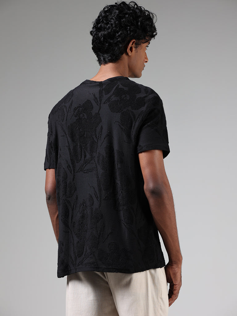 ETA Black Floral-Textured Slim Fit T-Shirt