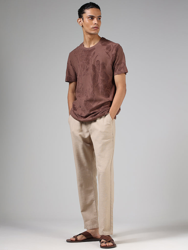 ETA Coco Brown Floral-Textured Cotton Blend Slim Fit T-Shirt