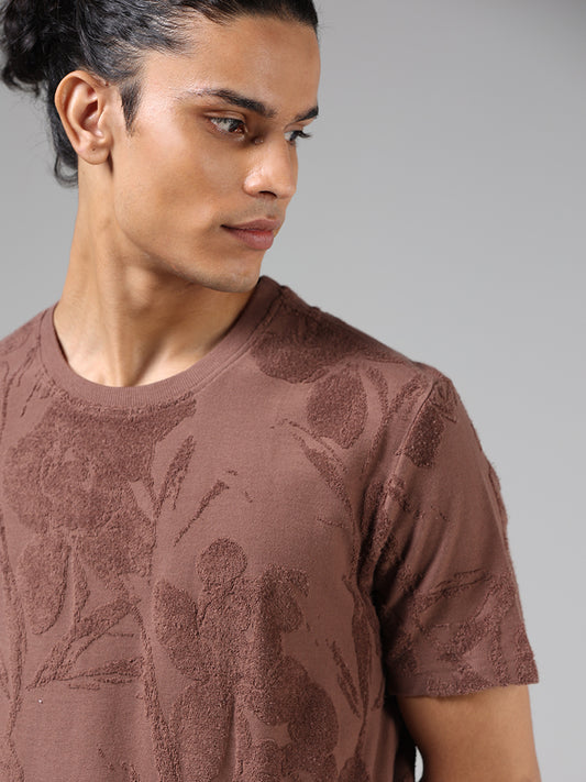 ETA Coco Brown Floral-Textured Cotton Blend Slim Fit T-Shirt