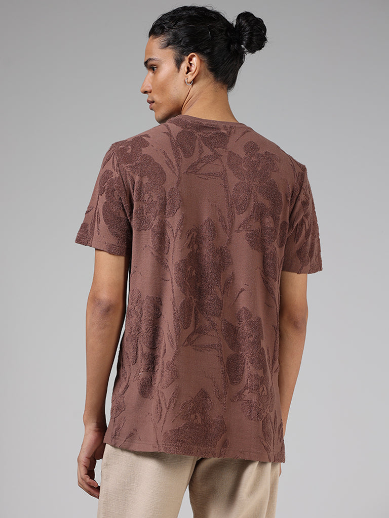 ETA Coco Brown Floral-Textured Slim Fit T-Shirt