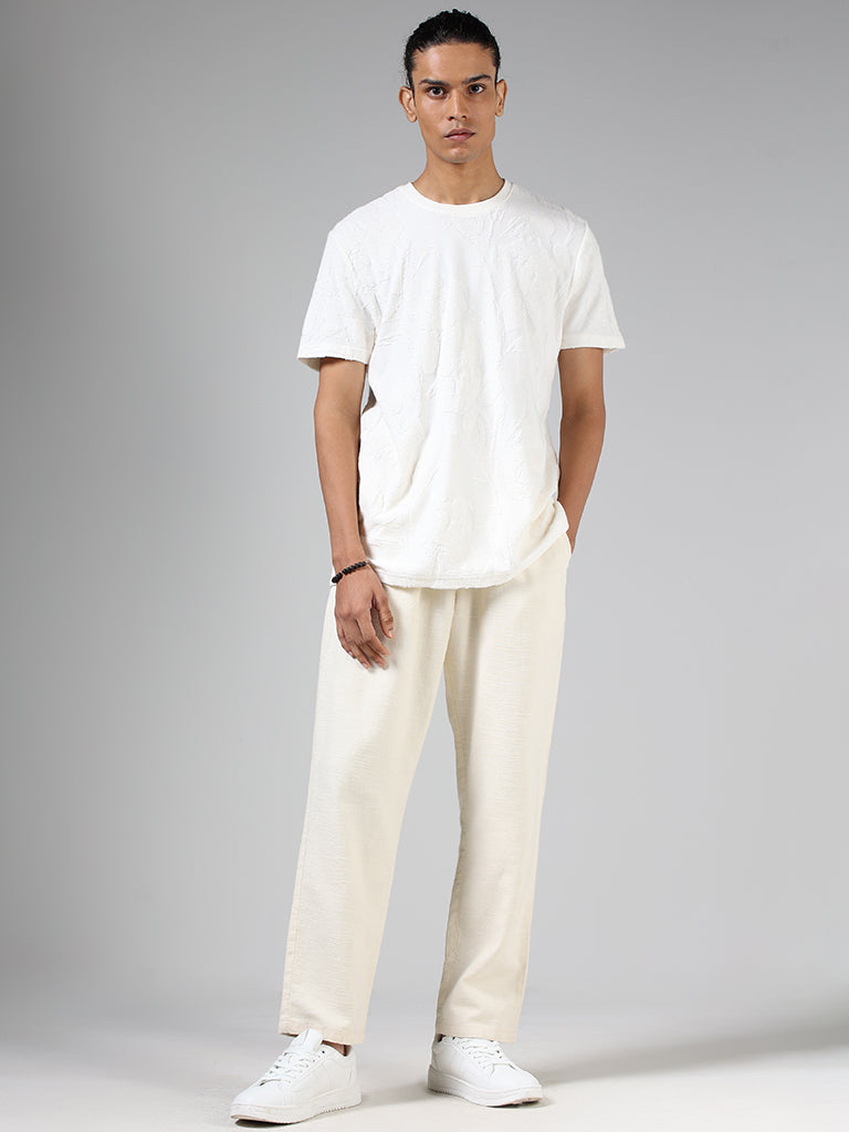 ETA Off White Floral-Textured Slim Fit T-Shirt