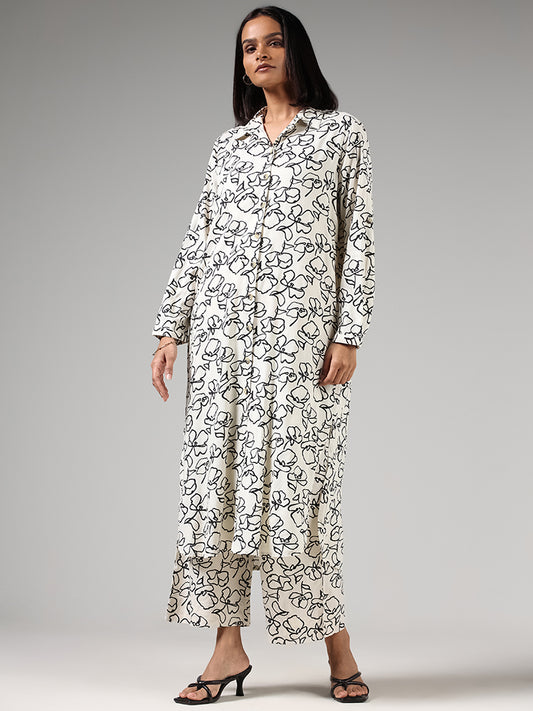 Utsa White Floral Printed Shirt Kurta