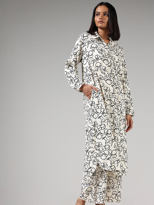 Utsa White Floral Printed Shirt Kurta