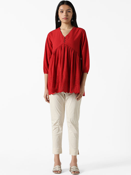 Utsa Red Chikankari Embroidery Yoke Kalidar Tunic