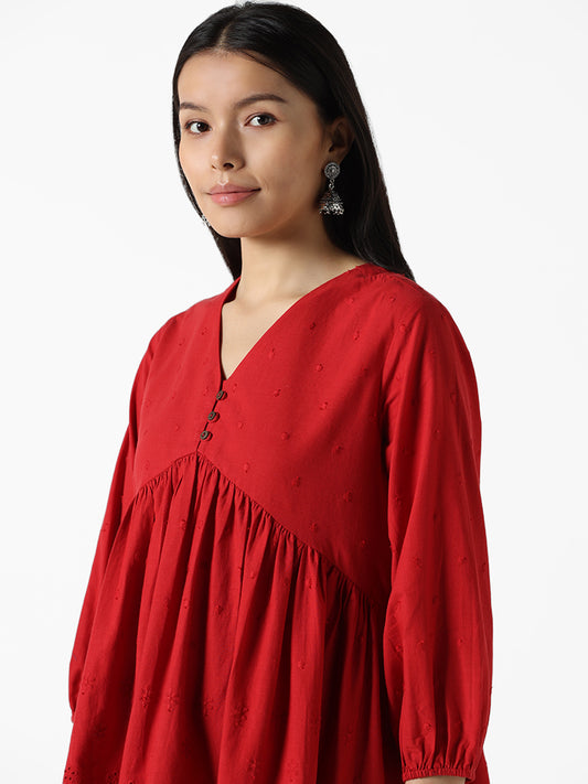 Utsa Red Chikankari Embroidery Yoke Kalidar Tunic