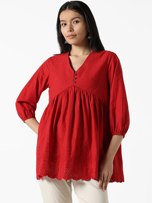 Utsa Red Chikankari Embroidery Yoke Kalidar Tunic
