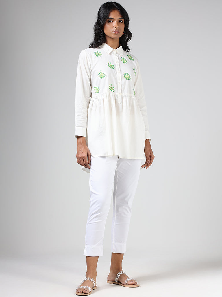 Utsa White Floral Embroidered Collar Neck Gathered Tunic