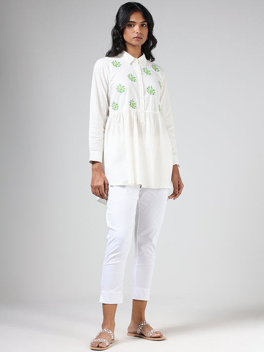 Utsa White Floral Embroidered Collar Neck Cotton Gathered Tunic