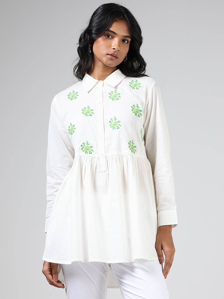 Utsa White Floral Embroidered Collar Neck Gathered Tunic
