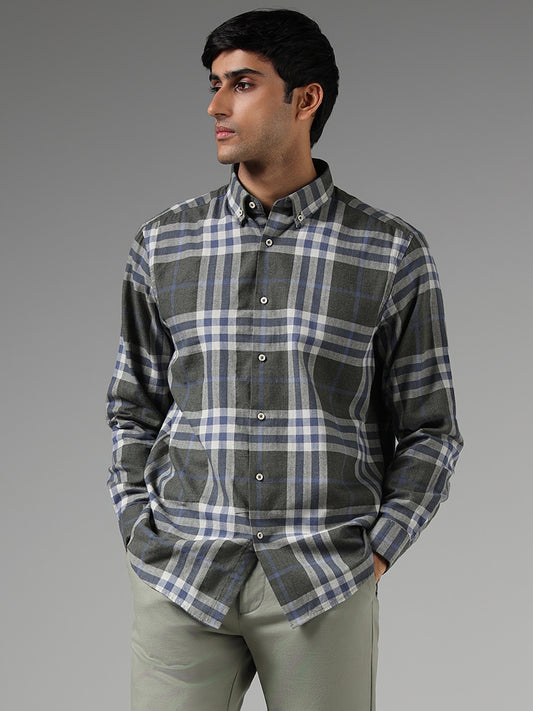 Ascot Olive Checked Cotton Blend Relaxed Fit Shirt