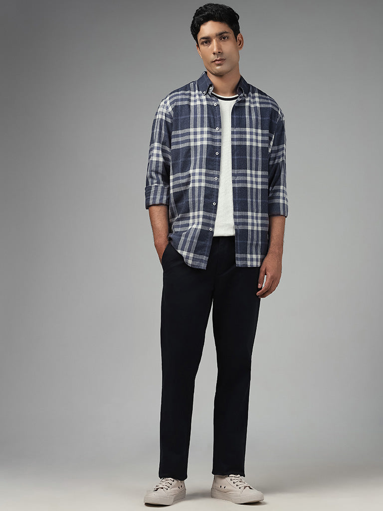 Ascot Navy Checked Cotton Blend Relaxed Fit Shirt