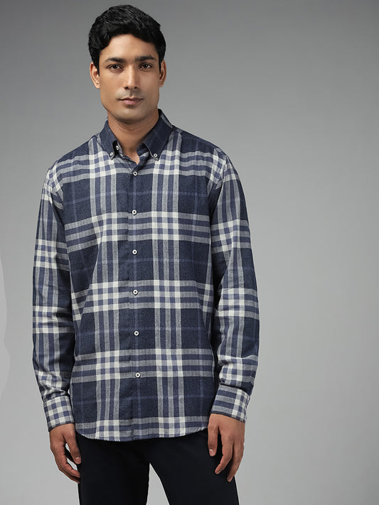 Ascot Navy Checked Cotton Blend Relaxed-Fit Shirt