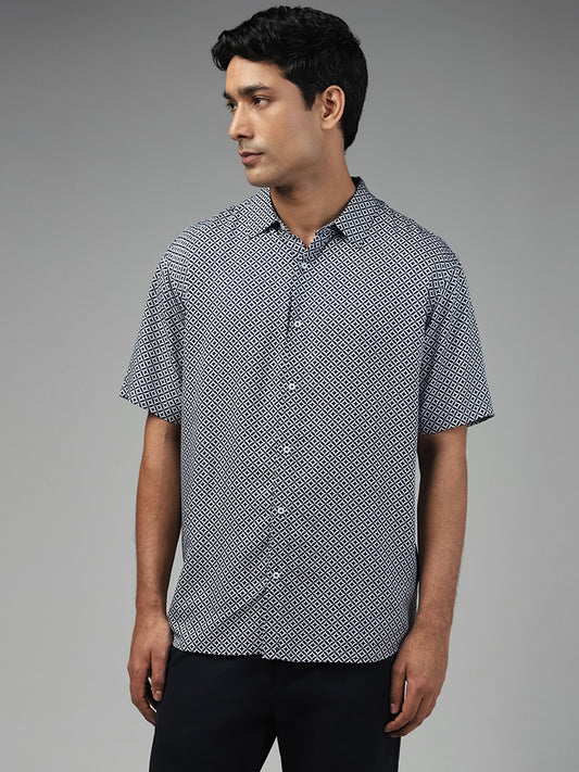 Ascot Navy Printed Relaxed Fit Shirt