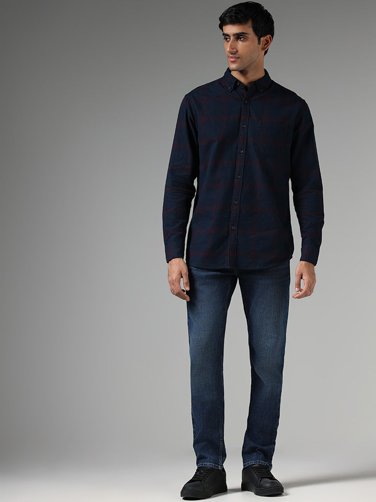 WES Casuals Navy Checked Cotton Relaxed Fit Shirt