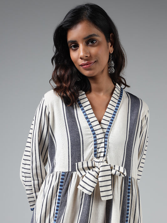 Bombay Paisley Off White Striped Blended Linen Dress