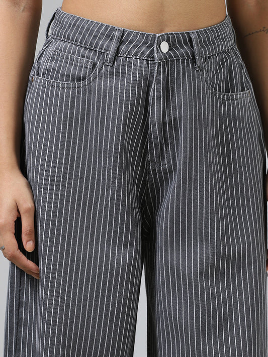 Nuon Graphite Grey Pinstriped Wide Leg Jeans