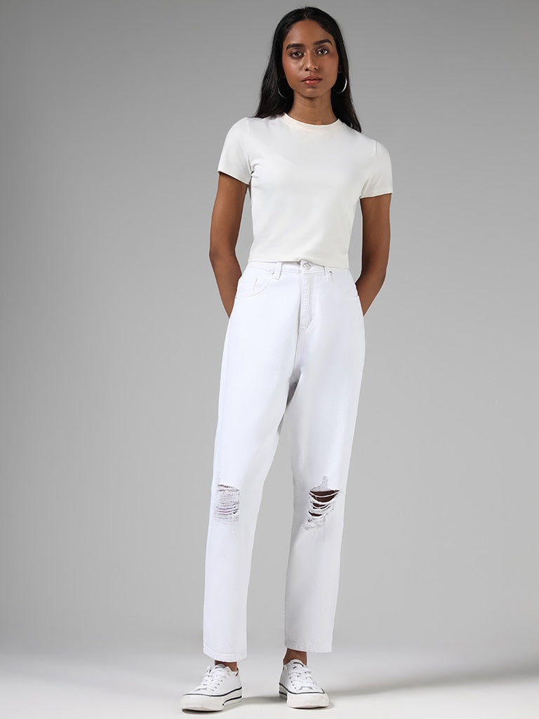 Nuon White Ripped High Waist Jeans
